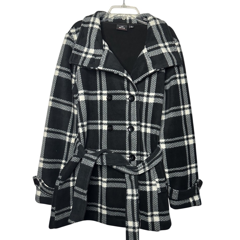 Ike Behar Women Coat M Black White Pea Coat Plaid Belted Pockets‎ Button Preppy